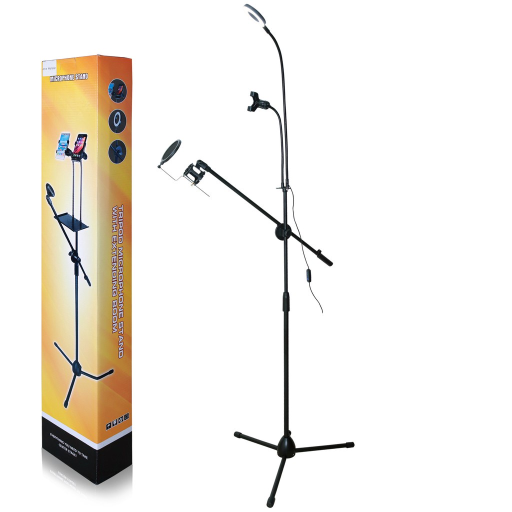 Kotacase-Mic Holder Full Set Pro Stand Holder Berdiri Microphone 1 &amp; 2 Holder HP LED Mic Standing Holder LED With Tray V8 Soundcard