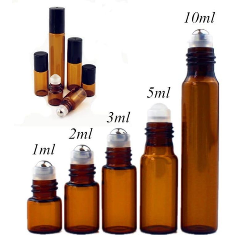 (Paket 20pcs) Botol Roll On 10ml / 5ml Amber Thicked Glass Import