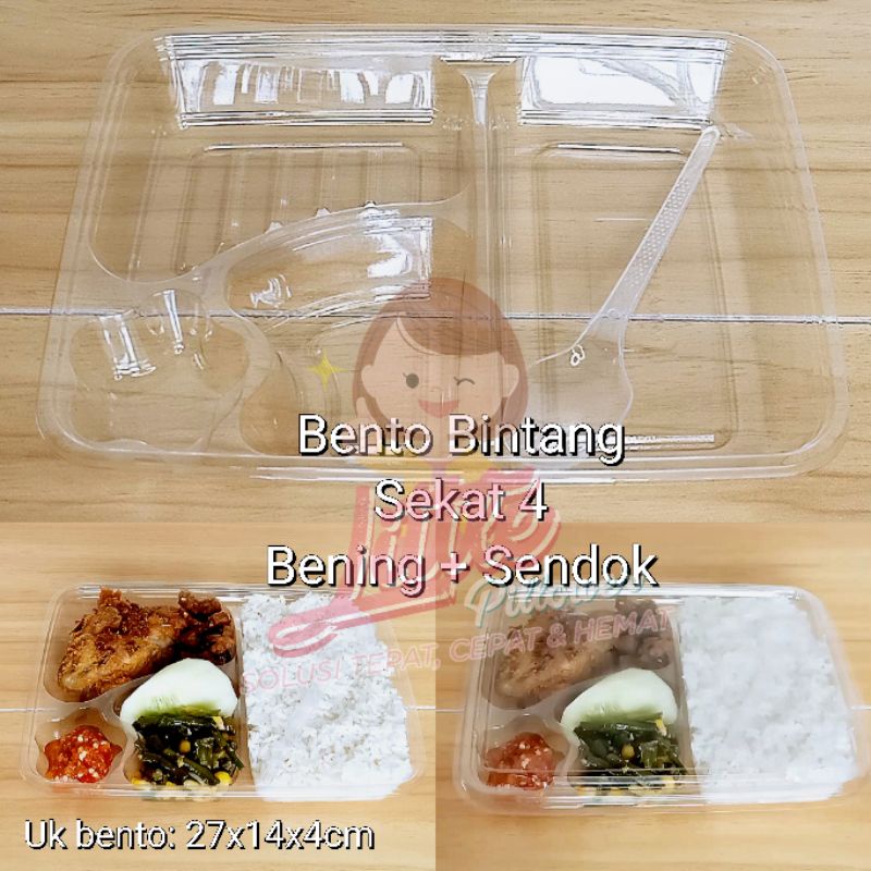 (ISI 25) 4s Ben+sendok / Mika Bento Sekat 4 Bening + Sendok Makan Bening / Tray bento sekat 4 transparan clear