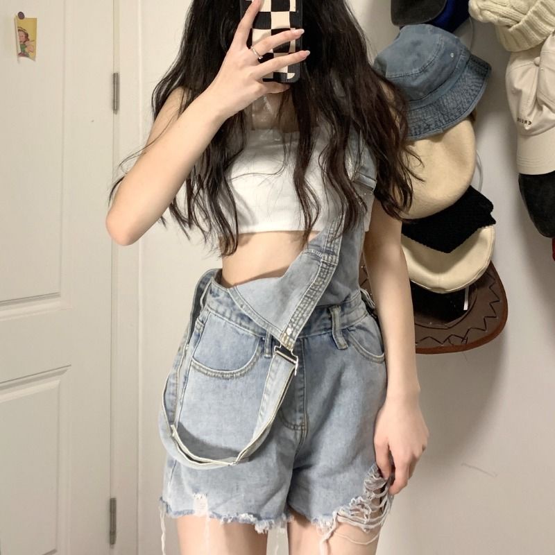 Suhao Spice Girl Denim Suspenders Musim Panas Baru Musim Semi Vintage Celana Panjang Slim Fit Slim Fit Celana Hot Pants