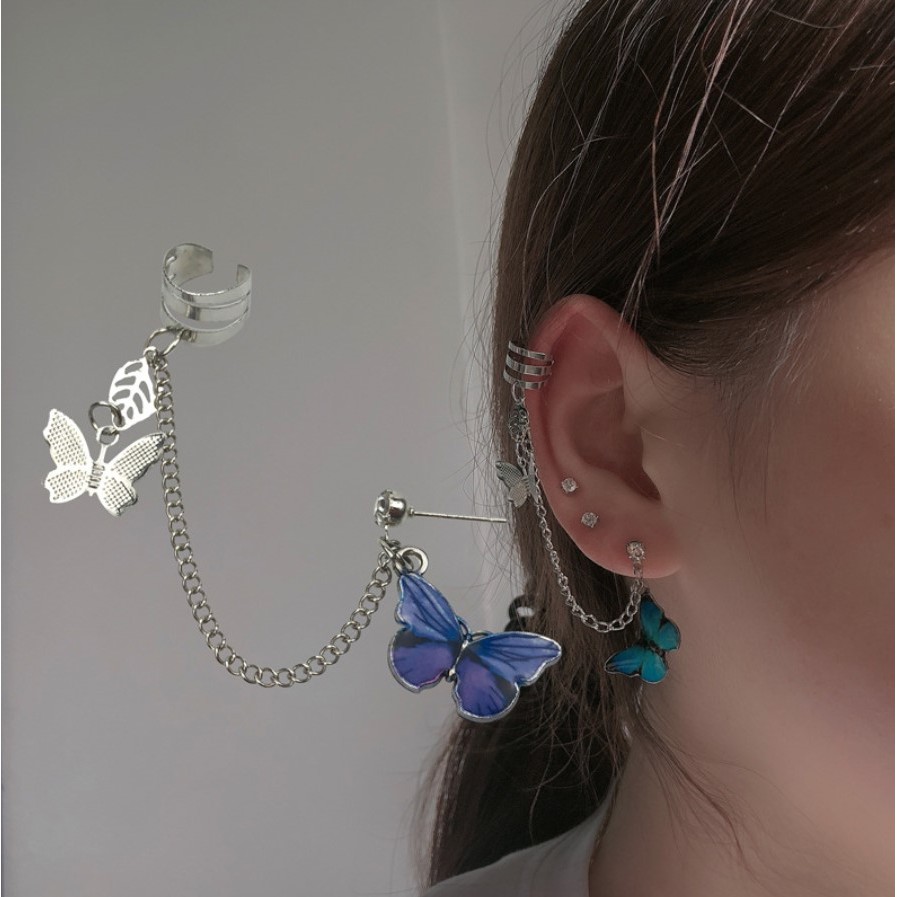 Butterfly Set Anting Tusuk / Jepit / Klip / Jepit Desain Kupu-Kupu + Rantai Rumbai Gaya Korea Untuk Wanita