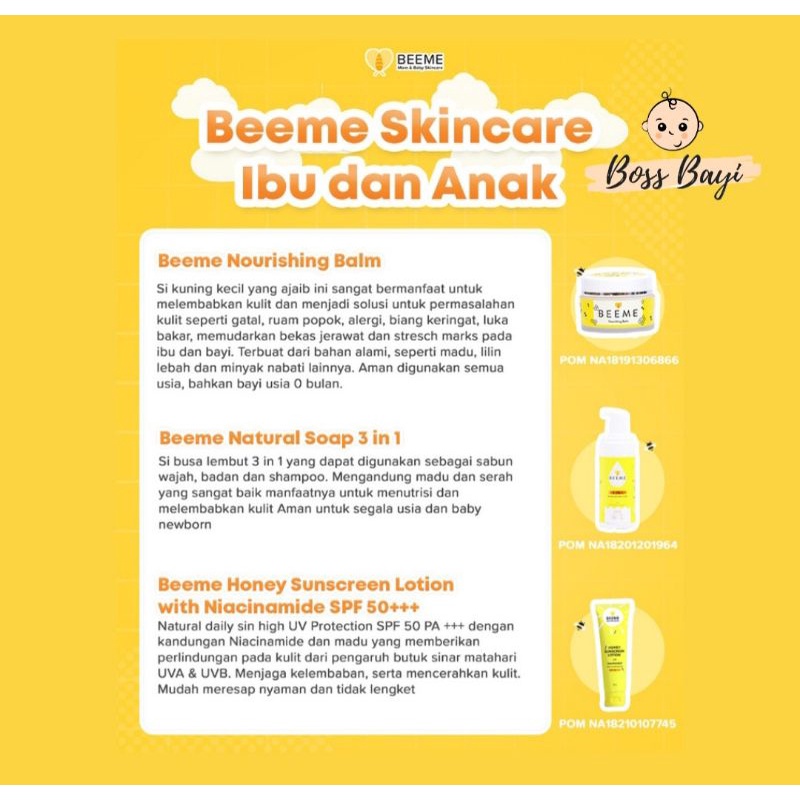 BEEME - Skincare Ibu dan Anak - Nourishing Balm / Natural Soap 3in1 / Honey Sunscreen Lotion