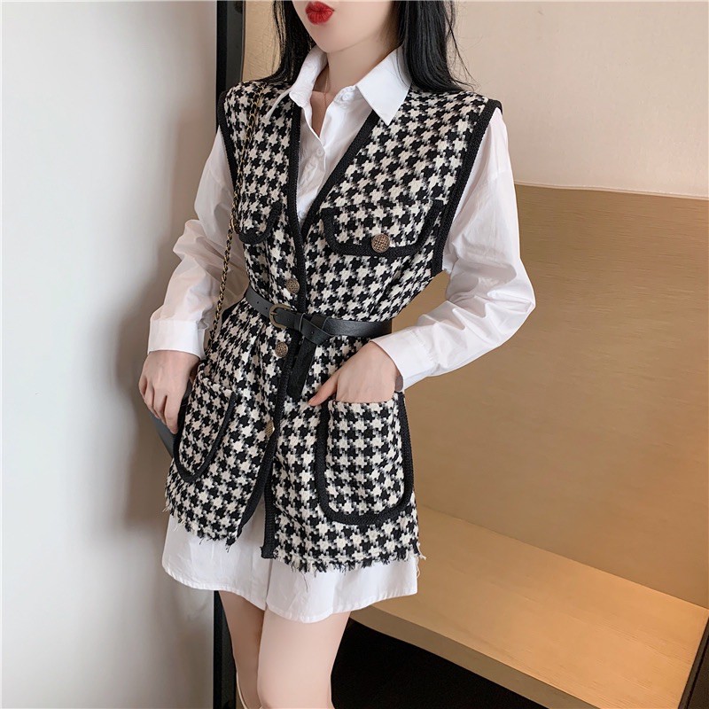 vest rompi slim motif kotak kotak plus tali pinggang wanita