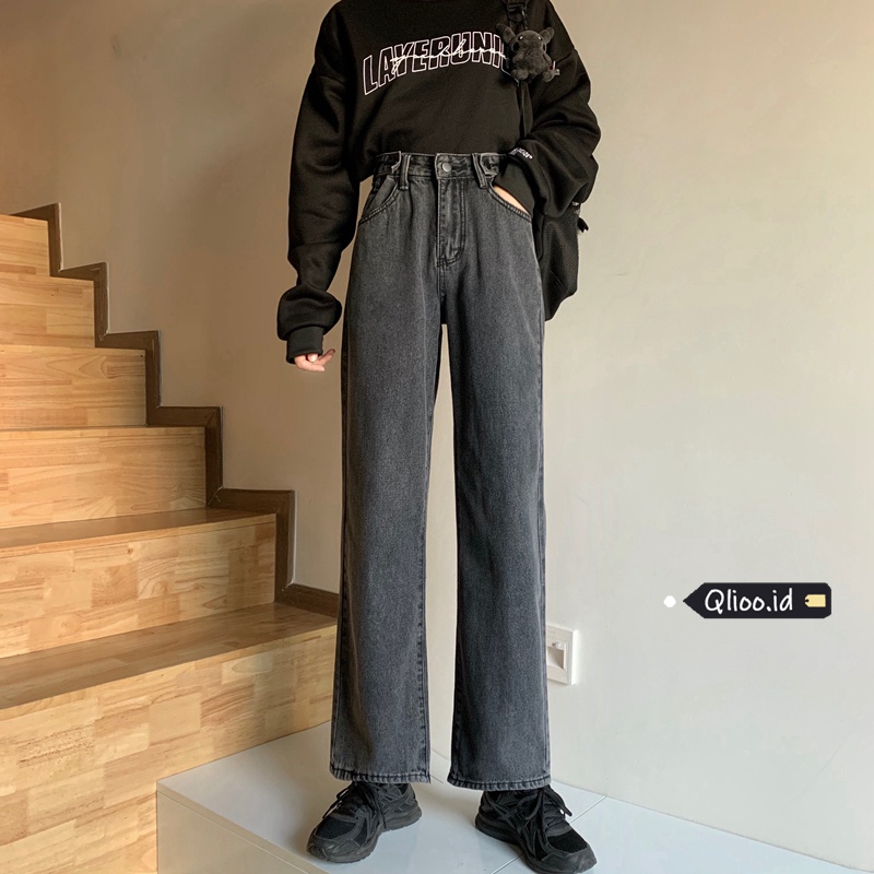 Celana Jeans Hitam Abu-abu Wanita High Waist Straight Pants Korean Style