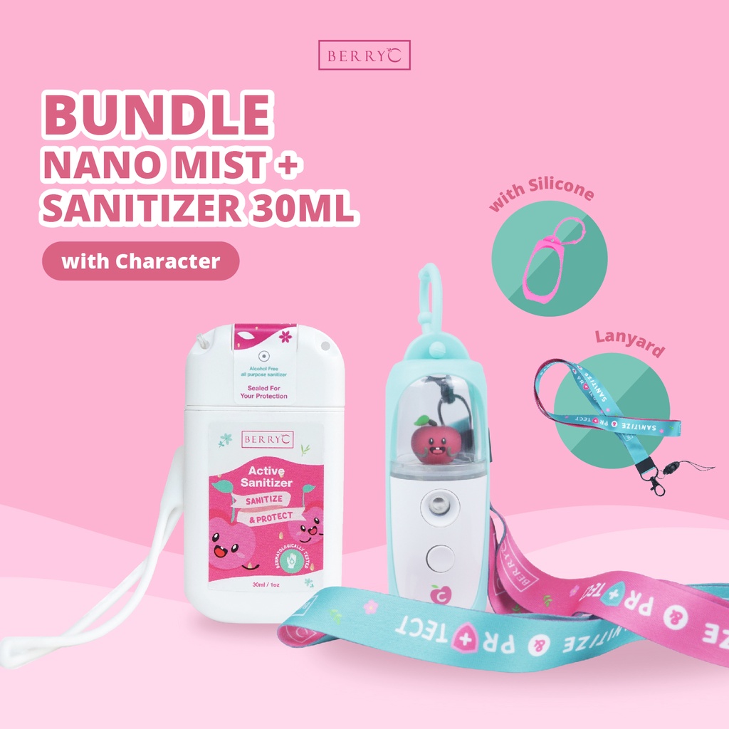 BerryC Nano Mist Spray Sanitizer 30ML dengan karakter BerryC mungil untuk anak - dewasa face mist sprayer embun fog mungil personal portable rechargable usb putih white simple kuat new design awet sanitize sterilize moisturize