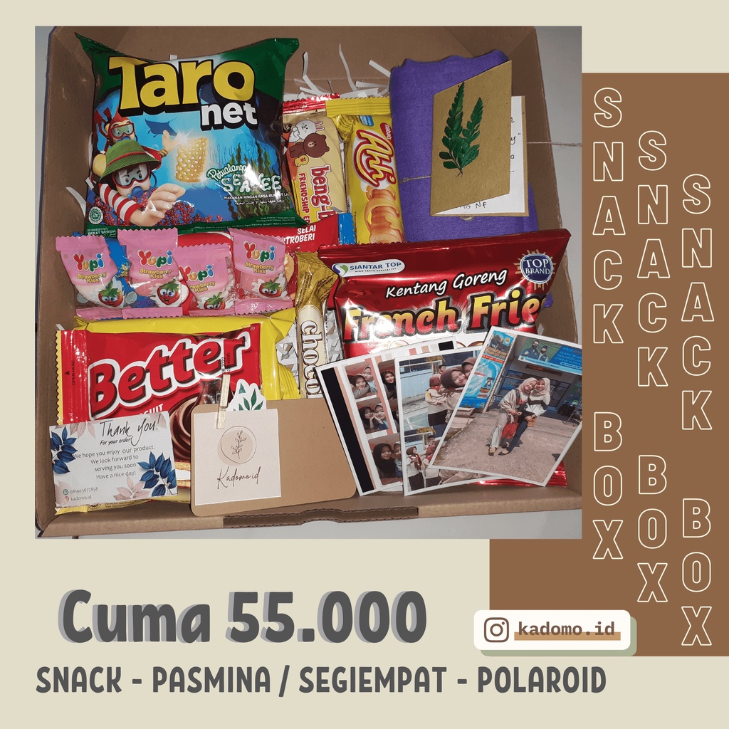 

Hampers Snack Box Paket (Polaroid dan Hijab)