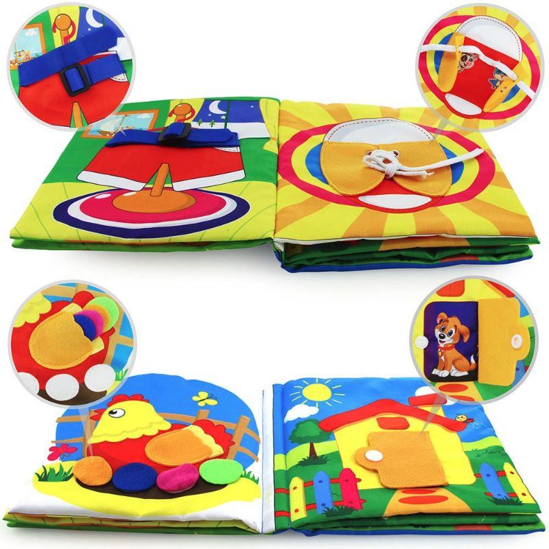 Buku Kain Bayi Edukasi Aktivitas Montessori Busy Soft Cloth Book Teether Soft Baby Crinkle 3D Touch Fabric Quiet Book - Zip, Button, Buckle ,Lace, Early Learning Basic Life Skills Soft Sensory Toy Kado Bayi Buku Bantal Kerincingan Newborn