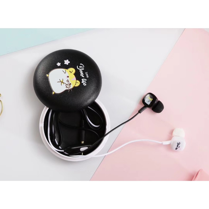 [XY-18] Set Headset Earphone Kartun HAMSTER Tikus Lucu / Wadah Earphone Motif Hewan HAMSTER Imut