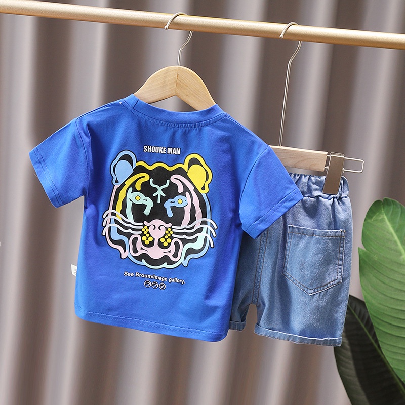 Setelan Anak Laki Laki Jeans Set LEON Baju Anak Musim Panas Korean Style Import