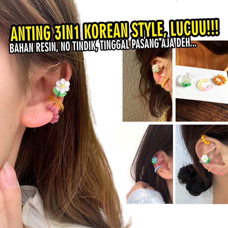 Anting korea wanita set 3in1 motif bunga daisy bola bulat transparan model earcuff kecil non tindik fashion summer vintage cantik lucu bahan ring resin acrylic plastik