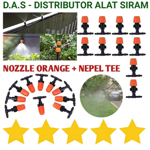 SPRAYER MIST NOZZLE ORANGE + FITTING NEPEL TEE UNTUK SELANG PE 7MM 6MM KONEKTOR TAMAN KRAN AIR