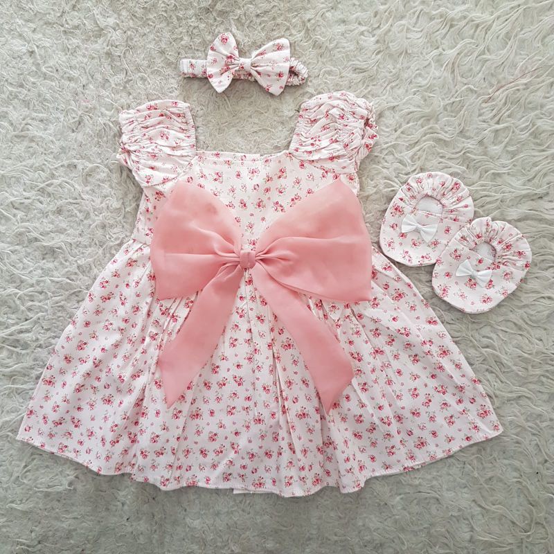 Dress bayi 0 6 12 bulan set sepatu bandana / bonnet Setelan Baju bayi Perempuan 100% Katun SNI Pakaian anak Cewek-0-6bln pita salem