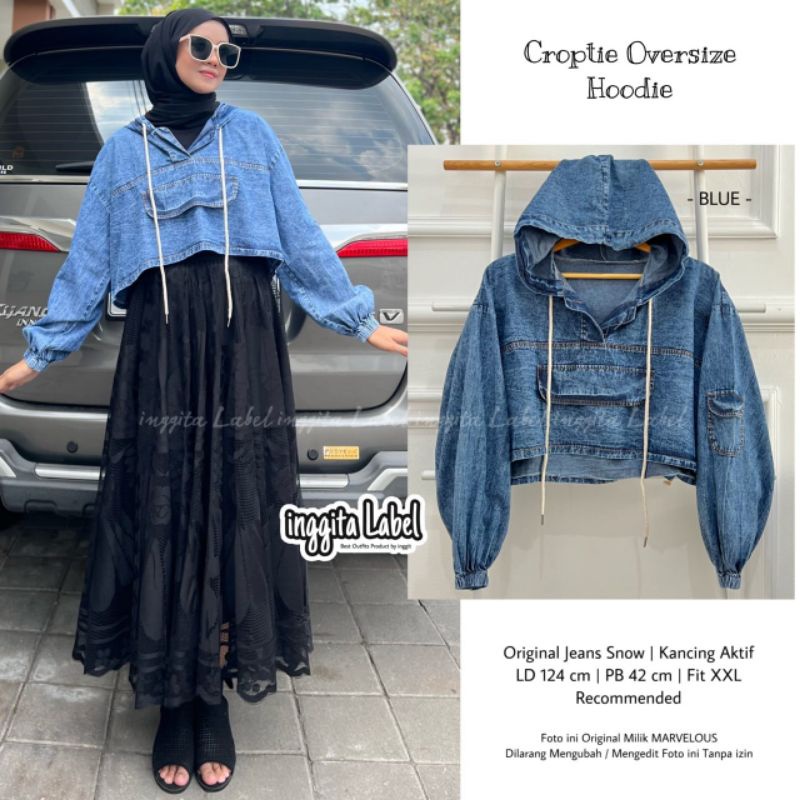 CROPTIE OVERSIZE HOODIE BY INGGITA LABEL / Hoodie JEANS WANITA MUSLIMAH / Atasan jeans kekinian