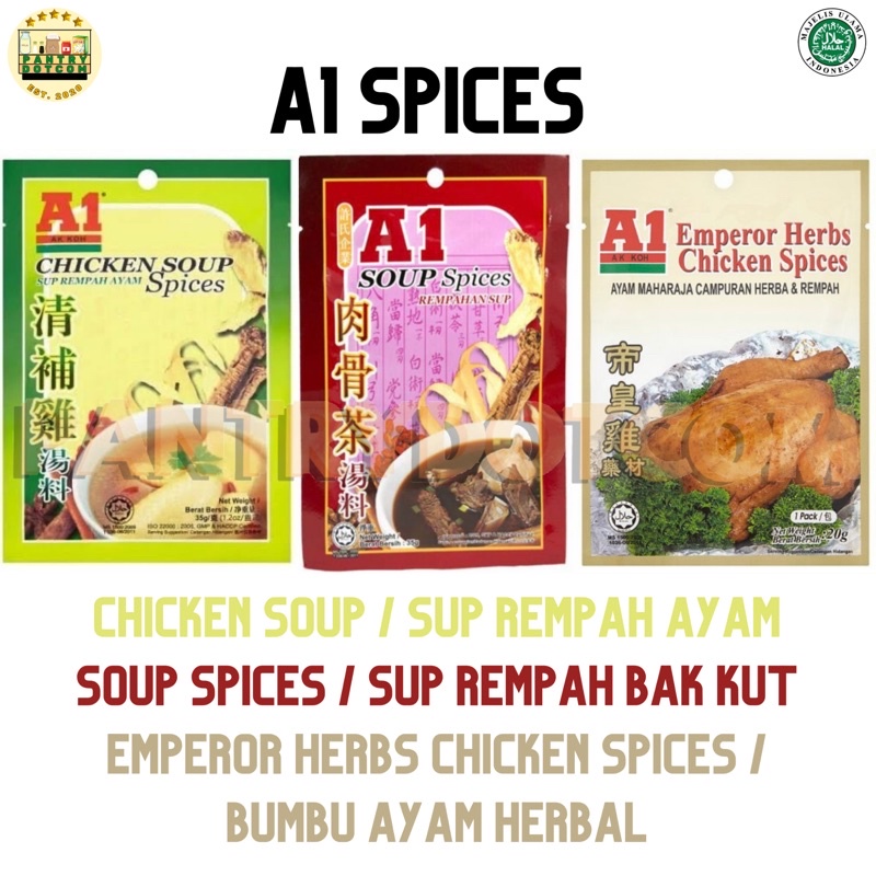 

BUMBU A1 SPICES - CHICKEN SOUP 35g - BAK KUT SOUP 35g - EMPEROR CHICKEN 20g