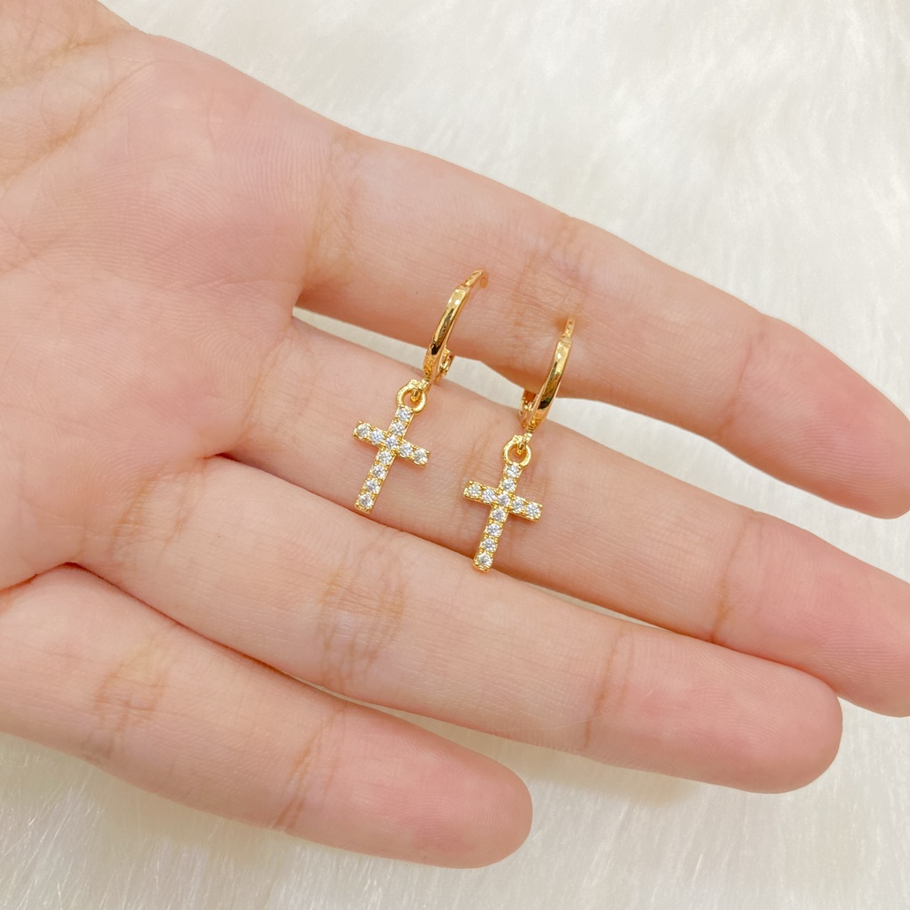 Anting Jurai Motif Salib Permata Kecil Perhiasan Lapis Emas