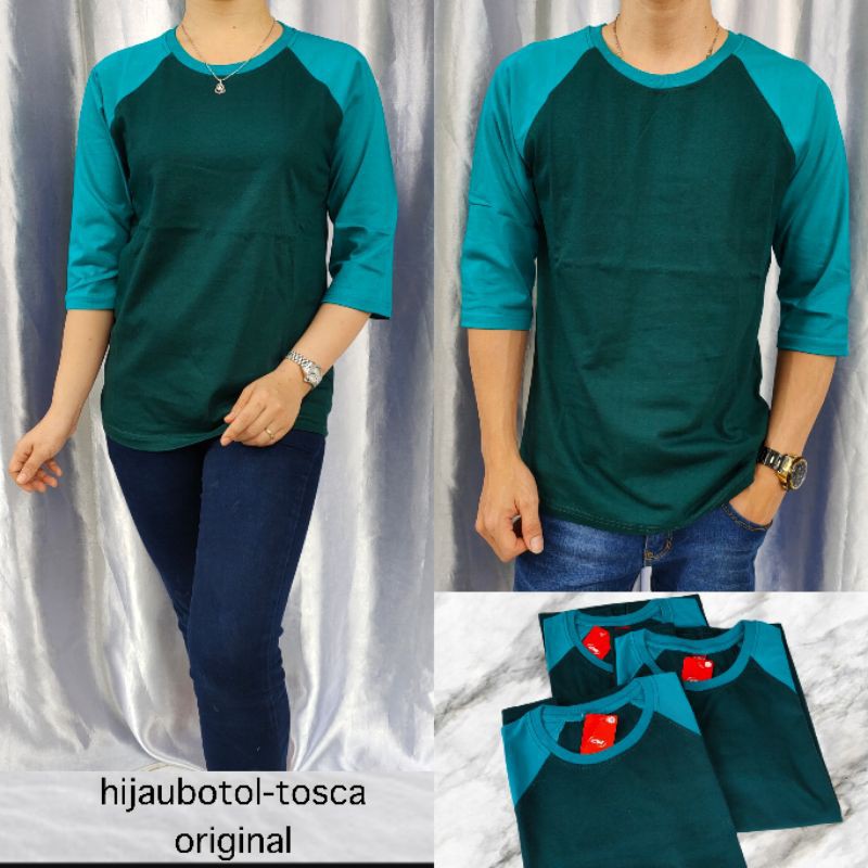 kaos reglan polos lengan 3/4 HIJAUBOTOL-TOSCA dewasa pria/wanita uk 20 22 S M L XL XXL