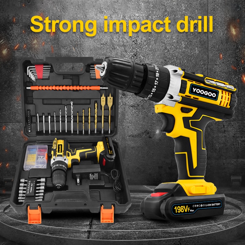 198VF/98VF Mesin Bor Impact Drill Yoogoo Cordless Elektrik Drill with 2 baterai and led light Mesin bor baterai bor Bor Impact Drill Mesin Bor Elektrik Cordless listrik