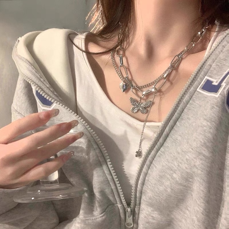 Kalung Rantai Double Layer Bentuk Hati Dan Pita