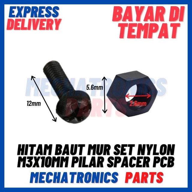 [DEV-9493] HITAM BAUT MUR SET NYLON M3X10MM PILAR SPACER PCB M3 M3X10MM NILON