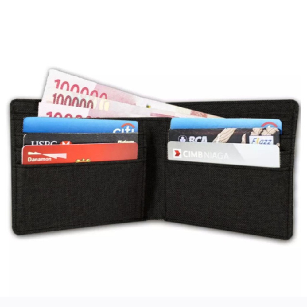 SHOPEE 6.6 SUPER SALE!! Dompet Kanvas Pendek Lipat Dua JP80 Men Wallet Canvas Premium Simple Black + Bonus Box