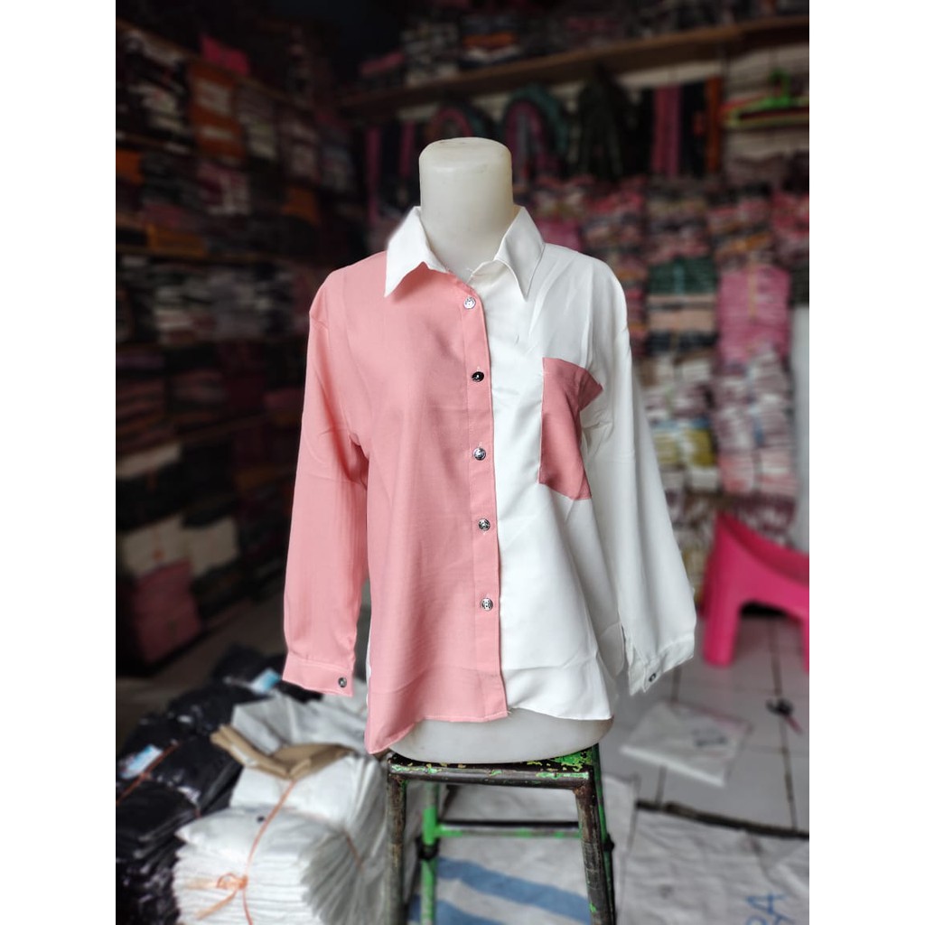 Atasan Blouse Kemeja Wanita Polos Basic Casual Kombinasi Warna Lengan Panjang Kekinian Korean Style Model Pinguin-Pink Dusty