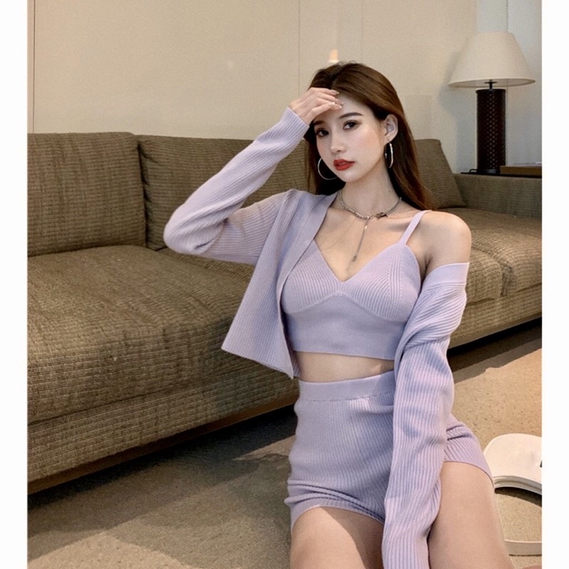 Yuju Knit Set Tanktop Cardigan Mini Shorts celana pendek outer cardigan rajut knit tank top crop top