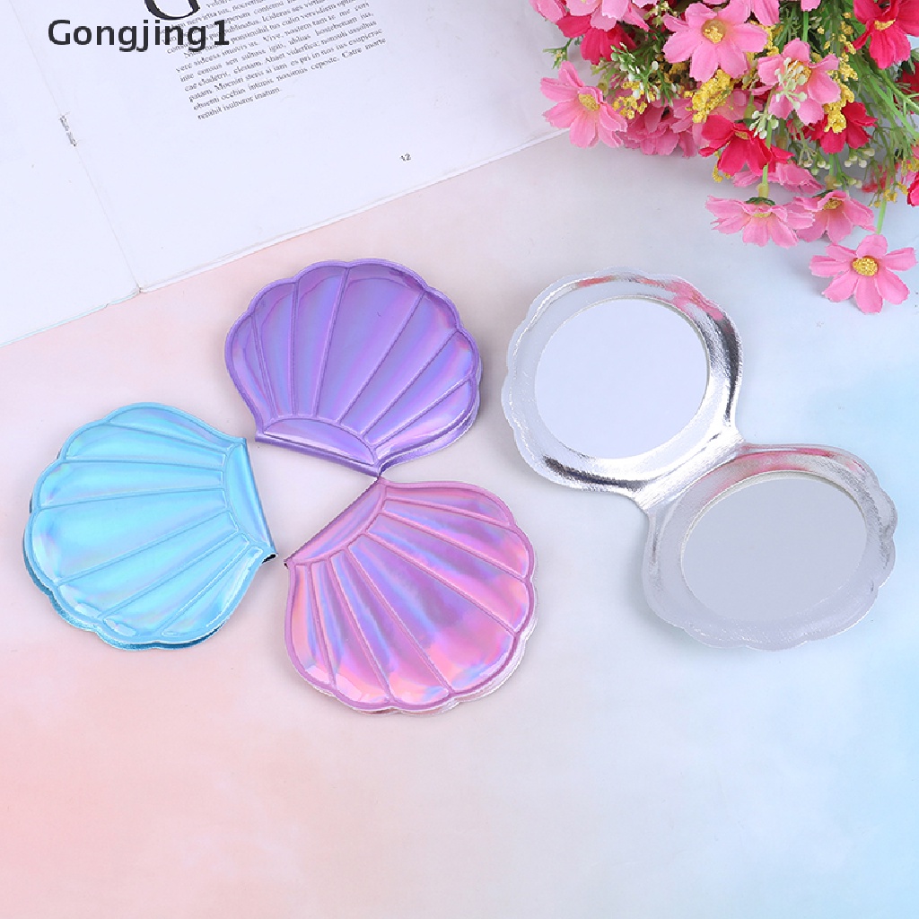 Gongjing1 Cermin Makeup Dua Sisi Bentuk Kerang Laut Bahan Kulit PU