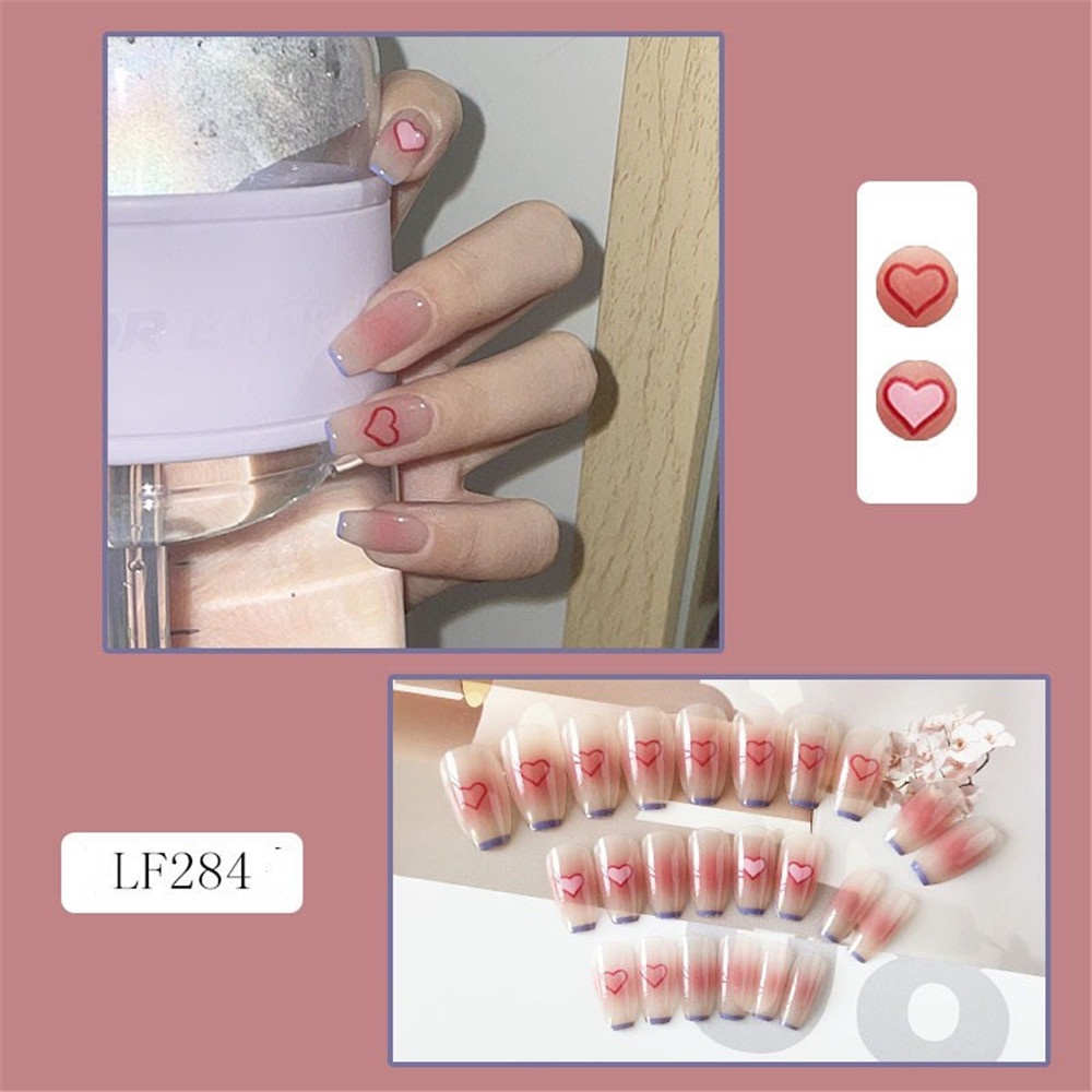 24 Pcs Patch Kuku Palsu Desain Hati Pita Beruang Aksen Glitter Untuk Aksesoris Perempuan