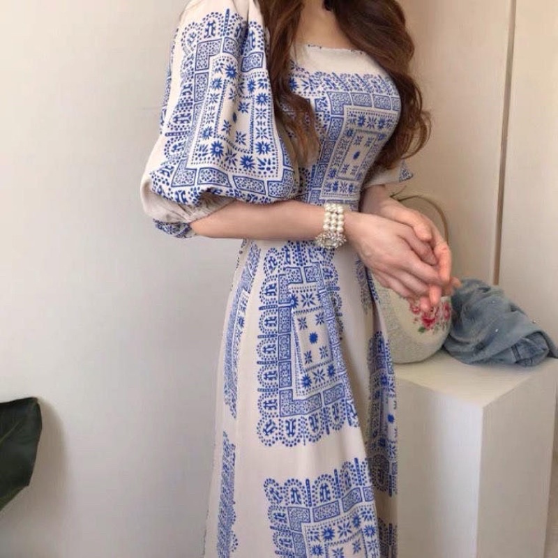 H7/D6 Korean Square neck dress lengan pendek puffy / long dress / midi dress / vintage dress