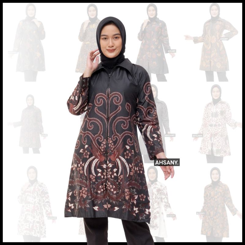 Tunik Batik Sleting Depan Busui Resleting Bisa Seragaman Pernikahan HRB2611 Panjang Lengan Muslimah Warna Hitam Batik Motif