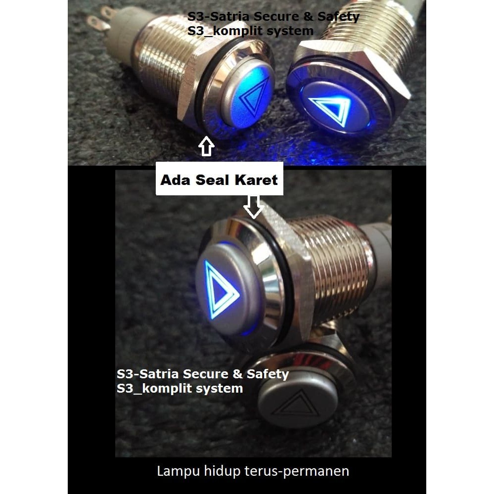 Biru Tombol Push Button Switch Metal segitiga Lamp hazard Lampu