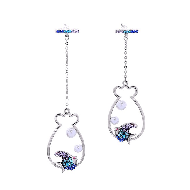 LRC Anting Tusuk Fashion Blue Geometric Asymmetrical Fish Shape Diamond Earrings F24386