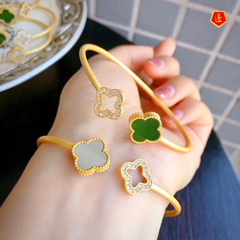 [Ready Stock]925 Silver Elegant Noble Gold Clover White Jade Bracelet