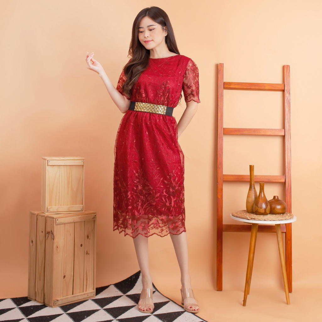 Kathryn collection # 4398, Dres tile bordir gliter mutiara dalaman furing free belt