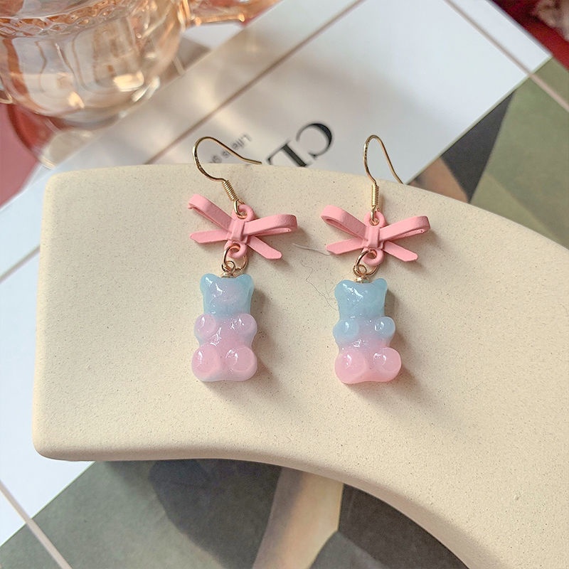 Buatan tangan ~ warna gradien bear anting-anting pink biru lembut gadis gaya Jepang kotak-kotak busu