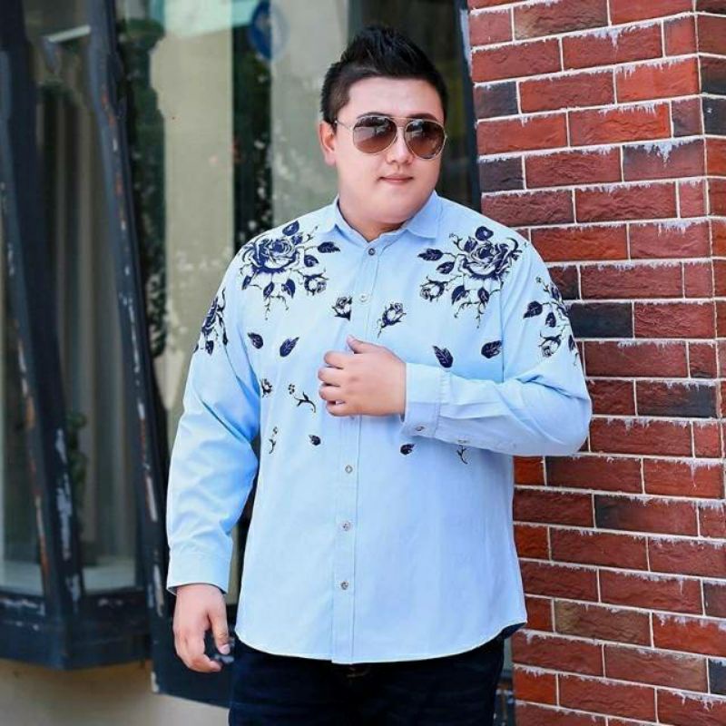 KEMEJA PRIA LENGAN PANJANG WARNA BIRU MOTIF BUNGA MAWAR  BIG SIZE JUMBO EXTRA LARGE SUPER BESAR XXL