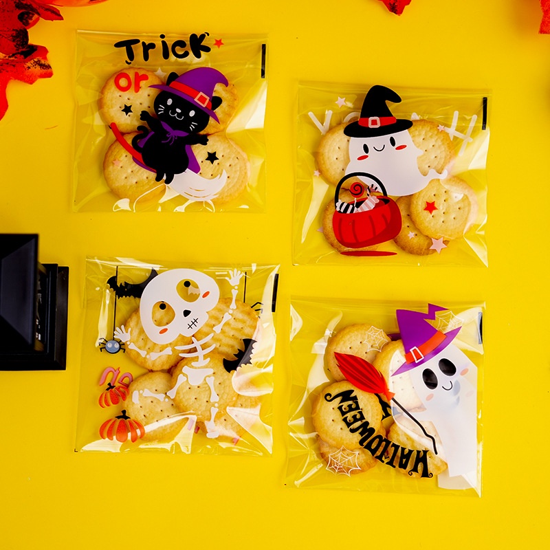 100 Pcs Kantong Plastik Cellophane Dua Sisi Ukuran 10x10cm Motif Halloween Untuk Permen / Kue