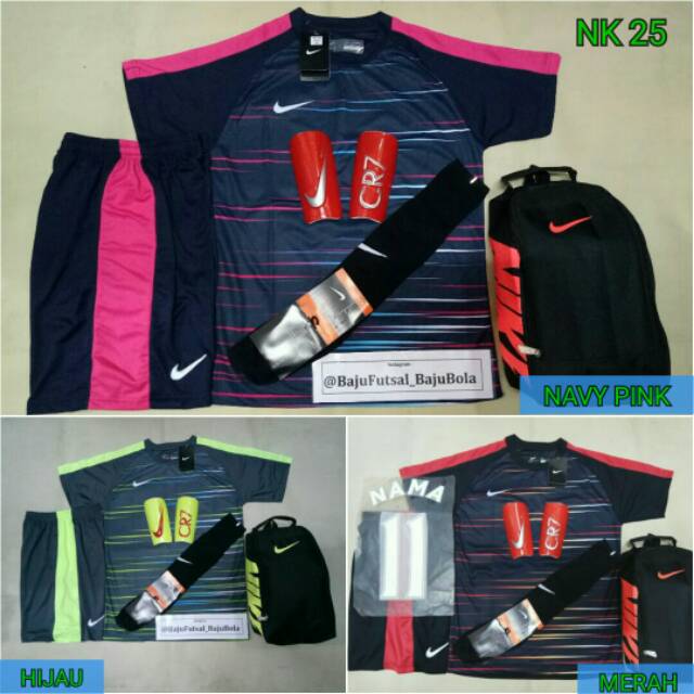 Setelan Futsal/Sepak Bola Nike NK25 (PAKETAN) Baju Celana Tas Kaus Kaki Deker Nama Punggung Nomor