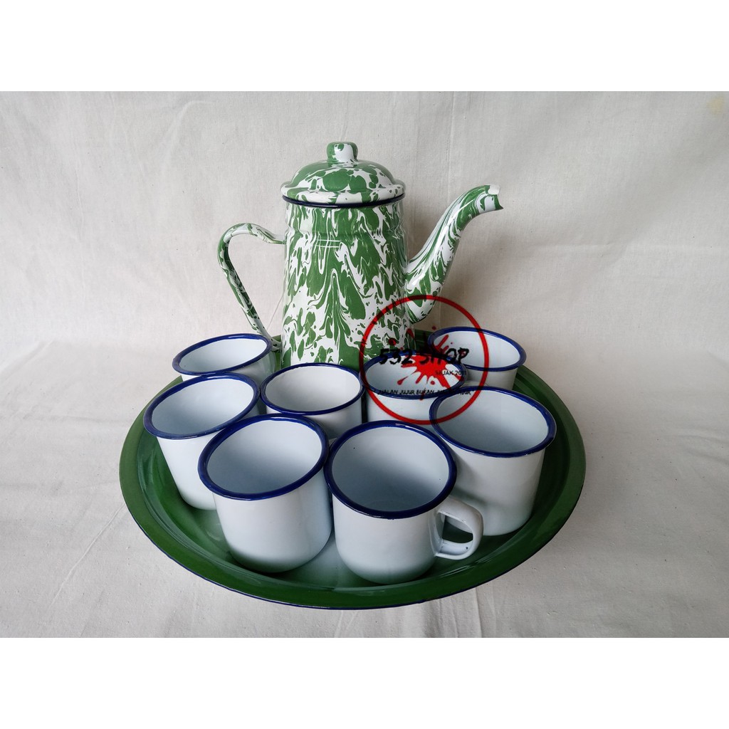 Teko Blirik Besar + Cangkir Enamel 8pcs 7cm polos + Nampan Enamel 35cm