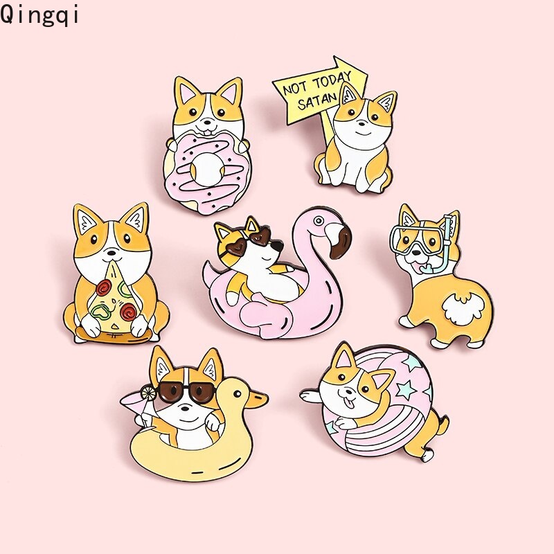 Bros Pin Enamel Bentuk Kartun Anjing Corgi Pizza Donat Untuk Hadiah