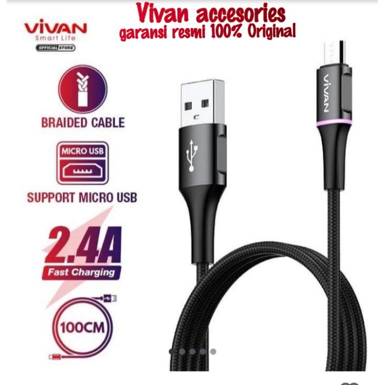 VIVAN Kabel Data VDM100 2.4A DAta Kabel Micro USB Android 1M LED Light Quick Charge Garansi Original