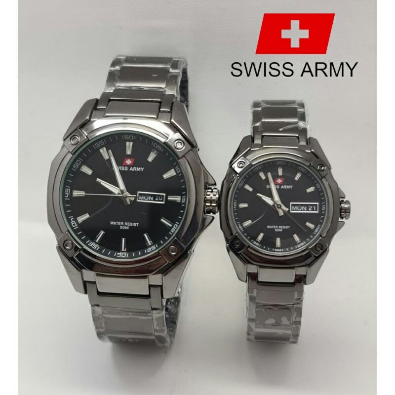 Jam Tangan Couple Swiss Cewek Cowok Army Rantai Hari Tanggal Aktif / Jam Tangan Pasangan Termurah