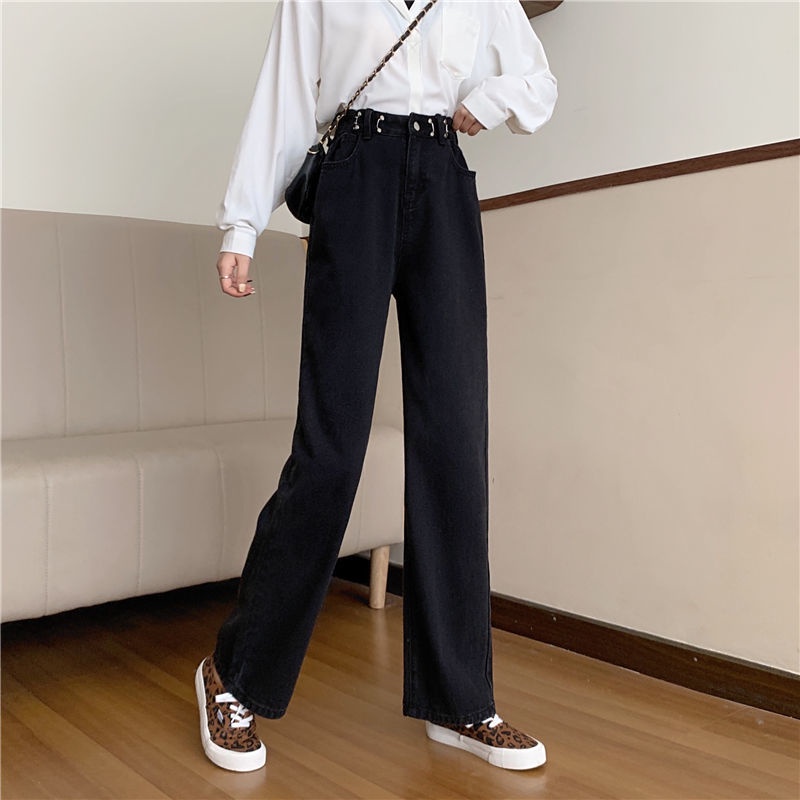 korean style putih/hitam loose straight high waist celana jeans pengait wanita