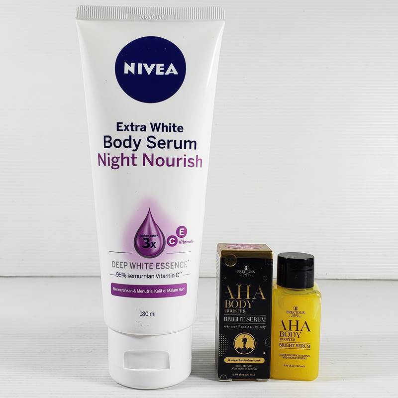 Paket Lotion Nivea Body Serum Night 180ml + Serum Aha Body Booster Bright Serum 30ml