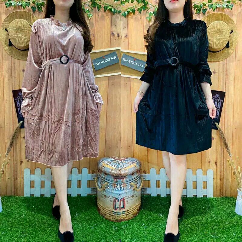 DRESS BELTY PLEATED VELVET BIGSIZE IMPORT