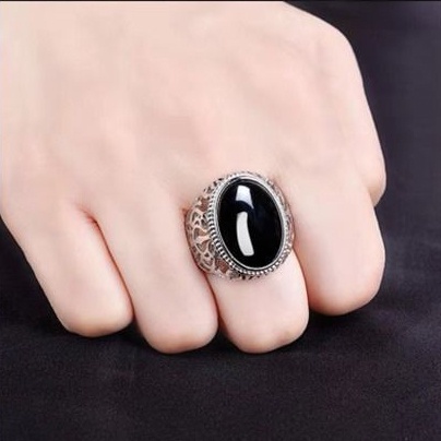 Cincin 925 Silver Model Terbuka Dapat Disesuaikan Desain Batu Akik Imitasi Gaya Klasik Untuk Pria