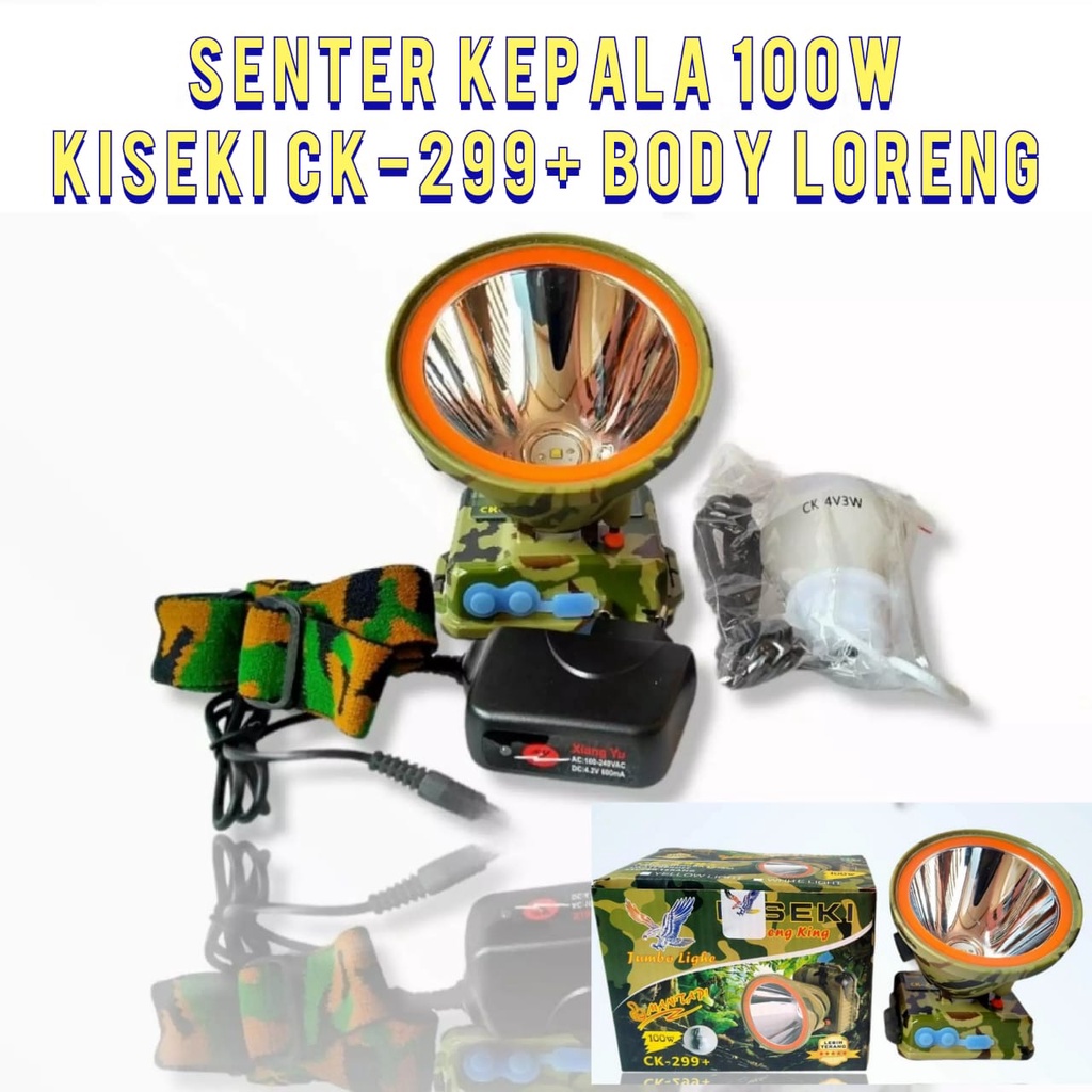 Kiseki Senter Kepala Super Terang Lithium CK 299+ LED 100 Watt PUTIH + Bola Lampu Super LED DC 3watt