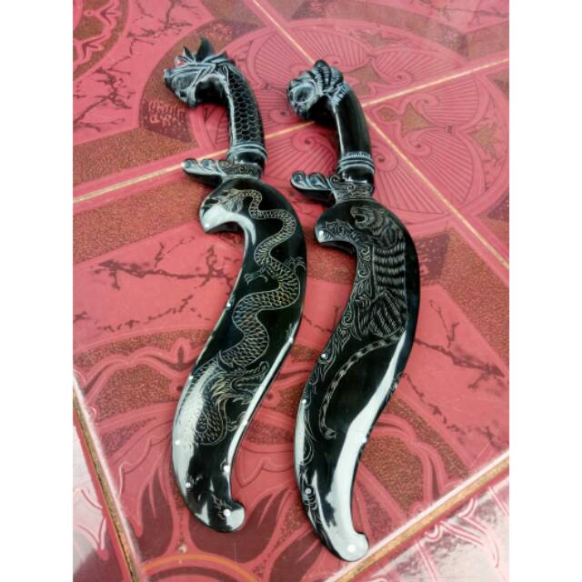 Kujang damaskus full tanduk kerbau hitam full ukiran