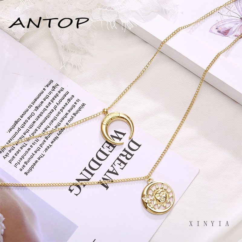 Kalung Choker Multilayer Dengan Liontin Bulan Warna Emas Untuk Wanita ANTOP