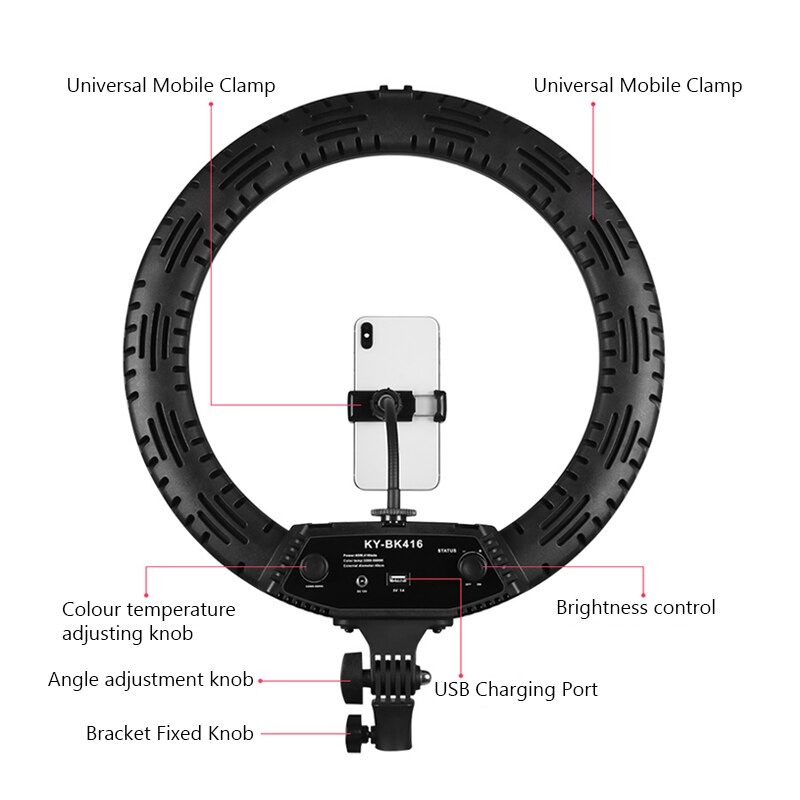 Lampu Halo Ring Light Kamera 416 LED 65W 18 Inch with Smartphone Holder - KY-BK416 - Black